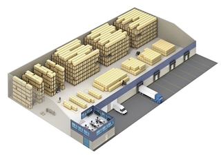 Dans les entrepôts à forte rotation, le système Pallet Shuttle peut être associé à d'autres systèmes de stockage 