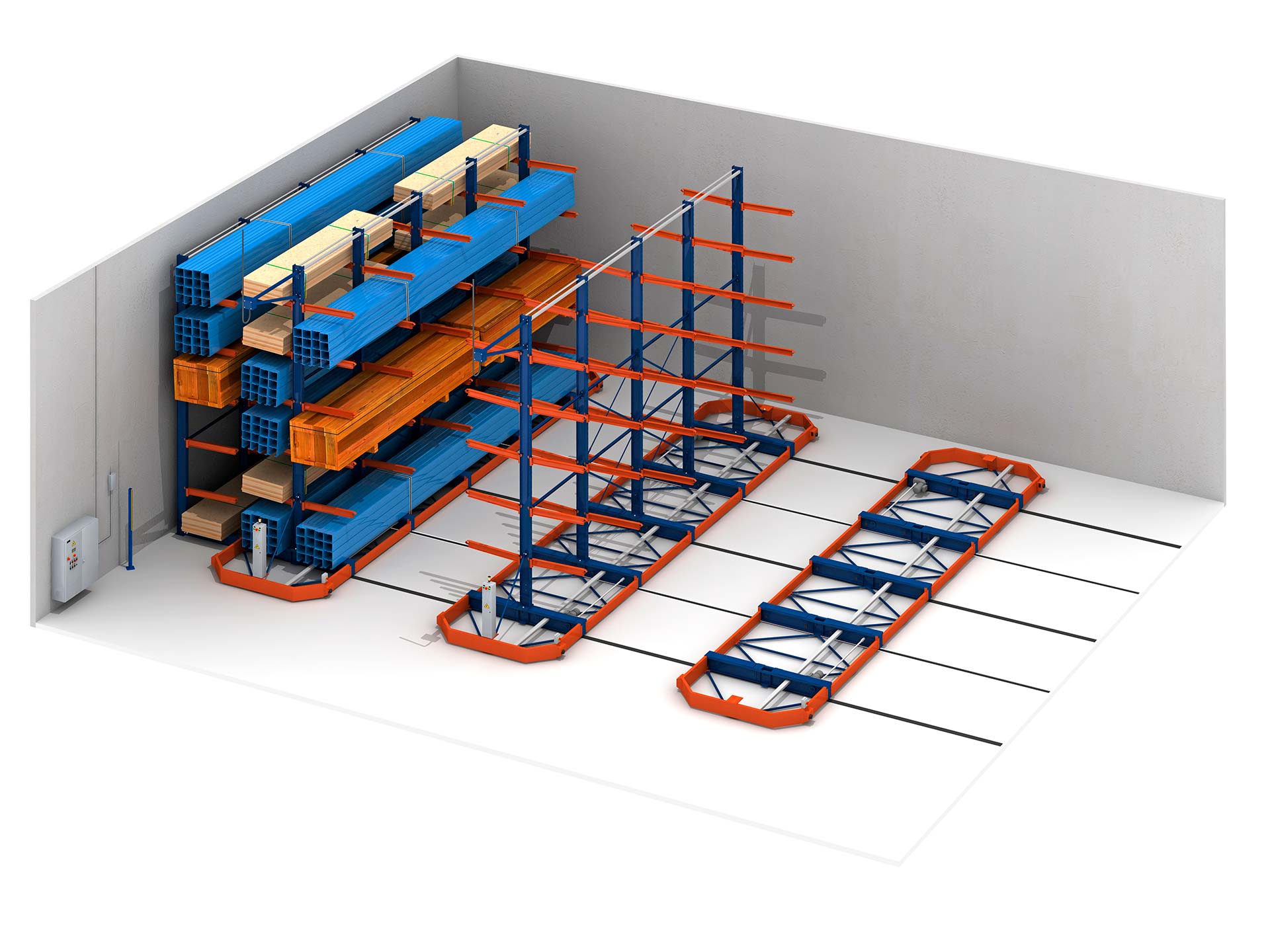 Les rayonnages Movirack peuvent contenir, tout comme les rayonnages à palettes, des cantilever pour stocker des produits hors gabarit