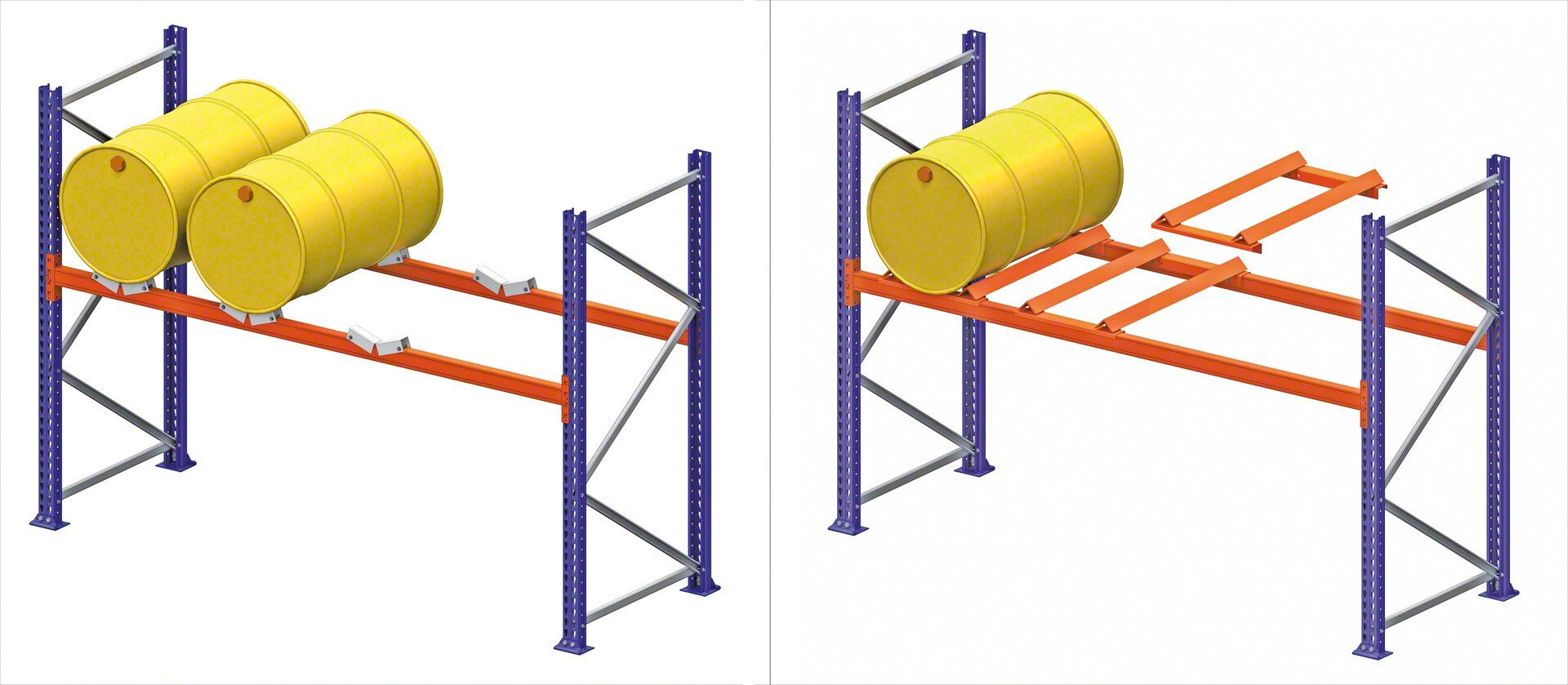 Supports et traverses pour stocker des bidons dans les rayonnages